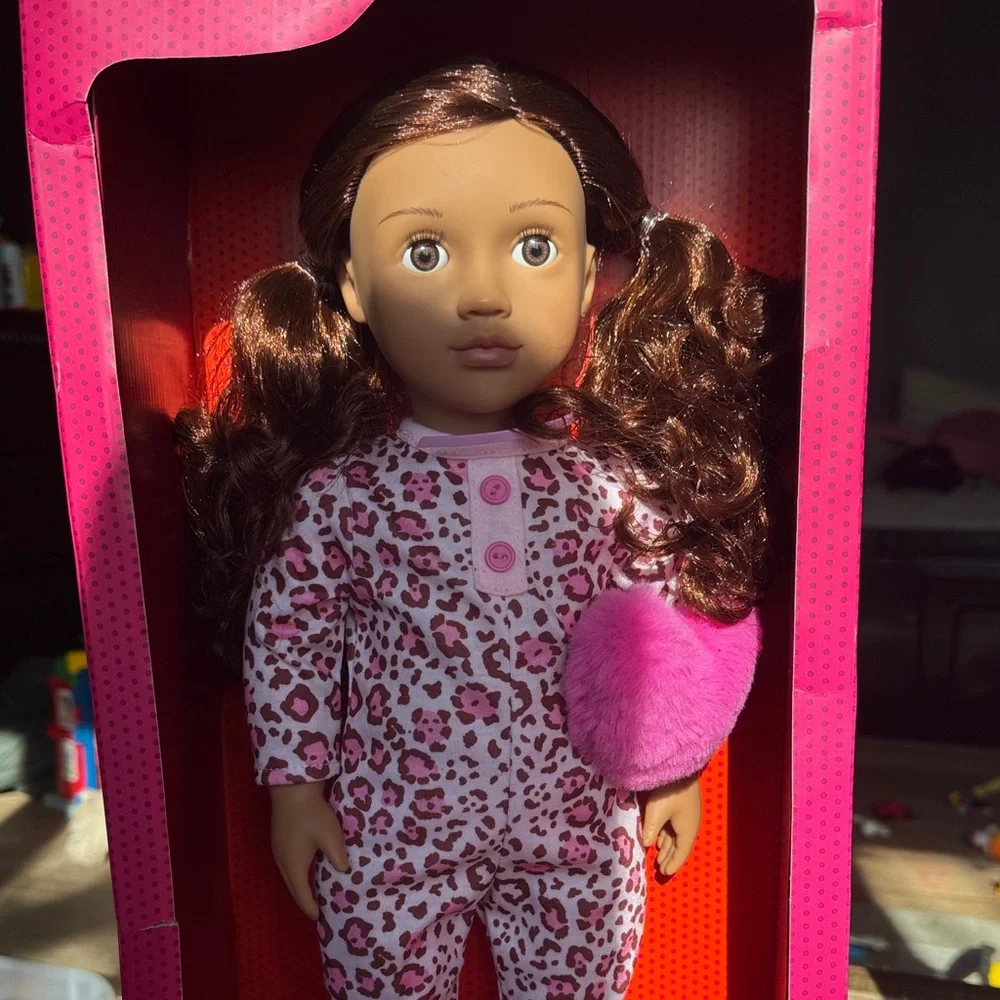 Leopard Print Doll with Brown Hair and Pink Outfit - Picture 1 of 3